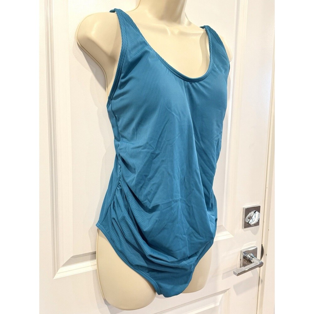 PinkBlush Teal Ribbed Ruched One-Piece Maternity Swimsuit - Large - Picture 5 of 14